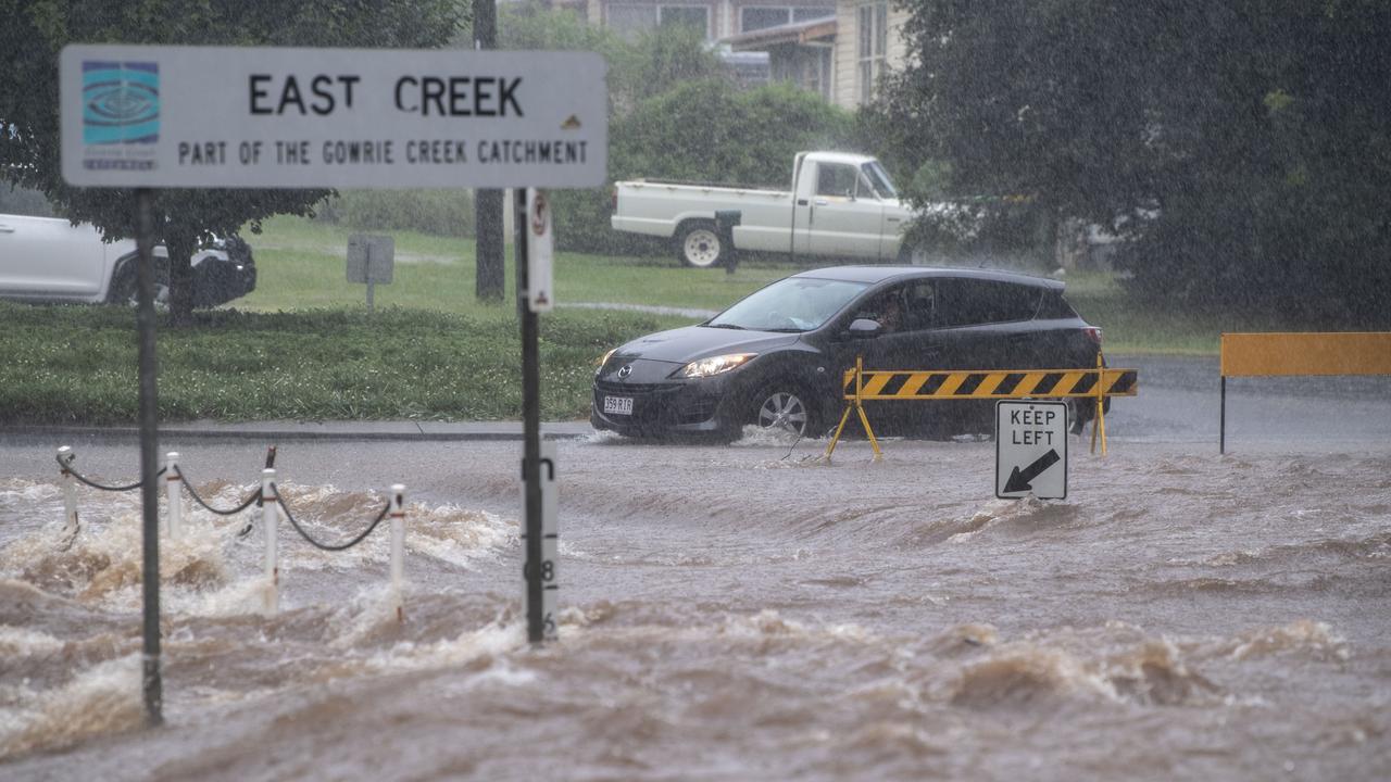 Flooded roadway at the corner of Mackenzie and Long St, Toowoomba. Picture: Nev Madsen.