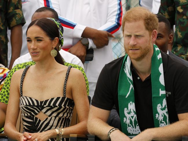 ABUJA, NIREGIA - MAY 11: Britain's Prince Harry (R), Duke of Sussex, and Britain's Meghan (L), Duchess of Sussex, attend an exhibition sitting volleyball match at Nigeria Unconquered, a community-based charitable organization dedicated to aiding wounded, injured, or sick servicemembers, as part of celebrations of Invictus Games anniversary in Abuja, Nigeria on May 11, 2024. (Photo by Emmanuel Osodi/Anadolu via Getty Images)