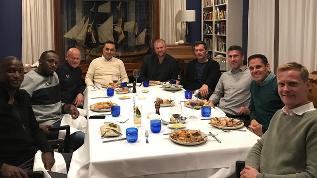 Usain Bolt with Mariners players and staff at dinner on the Central Coast on Saturday night. From left, Mariners player Kalifa Cisse, Usain Bolt, head of performance Andrew Young, agent Tony Rallis, CEO Sean Mielekamp, coach Mike Mulvey, assistant coach Nick Montgomery, Bolt’s manager Ricky Simms, and captain Matt Simon.