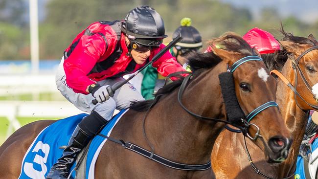 Press Down wins the Listed W H Wylie Handicap at Morphettville on Saturday. Picture: Makoto Kaneko