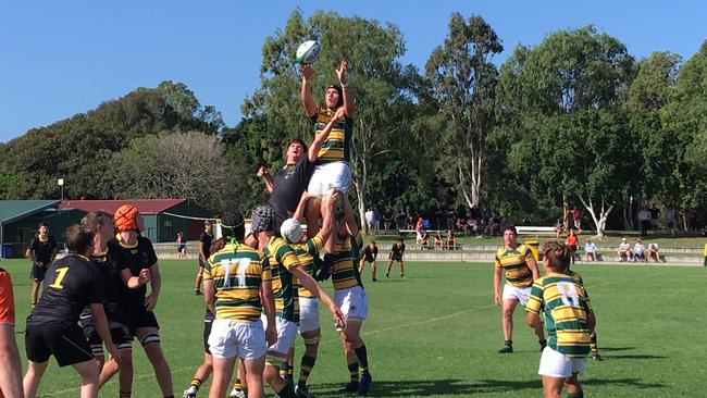 St Pats lock Taelyn Nukunuku soars for lineout ball during the 17-10 loss to St Laurence’s College at Curlew Park last Saturday. 