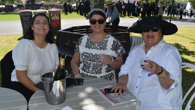 Guests in striking racewear at Penfolds Derby Day at the Flemington Racecourse on Saturday, November 02, 2024: Christina Brasacchio, Pina Setaro and Toni Gammaldi. Picture: Jack Colantuono