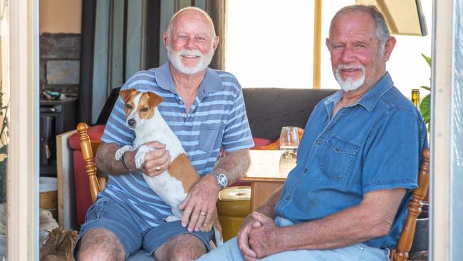 Brothers Brian and Stephen Innes, and seafaring dog Luna. Picture: Jacqui Bateman