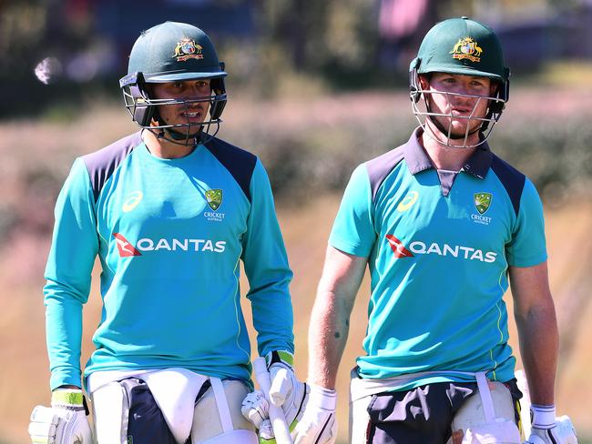 Usman Khawaja (left) and D'Arcy Short during Australia A training. Picture: AAP