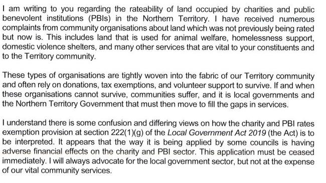 Excerpt of Local Government Minister Chansey Paech's letter to Northern Territory mayors. Picture: Northern Territory Government