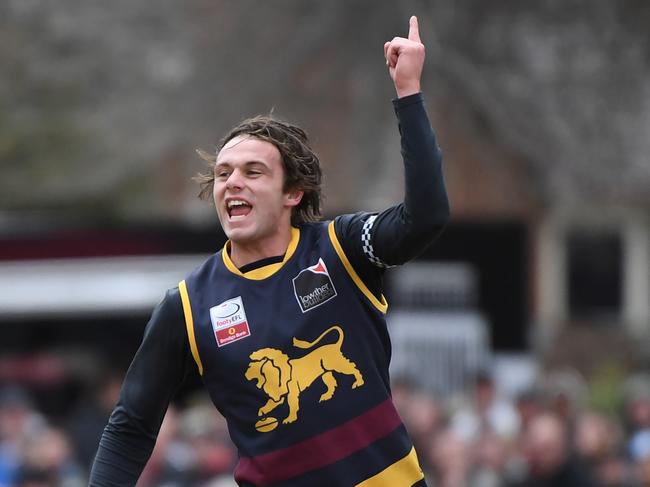 Dylan Violjo-Rainbow celebrates a goal during the EFL Div 2 Grand Final at Tormore Reserve, Boronia, Melbourne, Saturday, September 15, 2018. Lilydale v Doncaster East. (AAP Image/James Ross) NO ARCHIVING