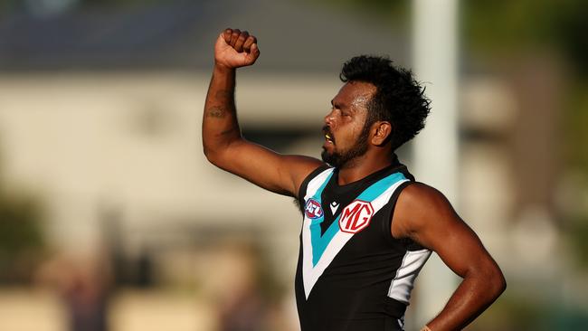 Junior Rioli celebrates a goal against his former side. Picture: Will Russell/AFL Photos via Getty Images