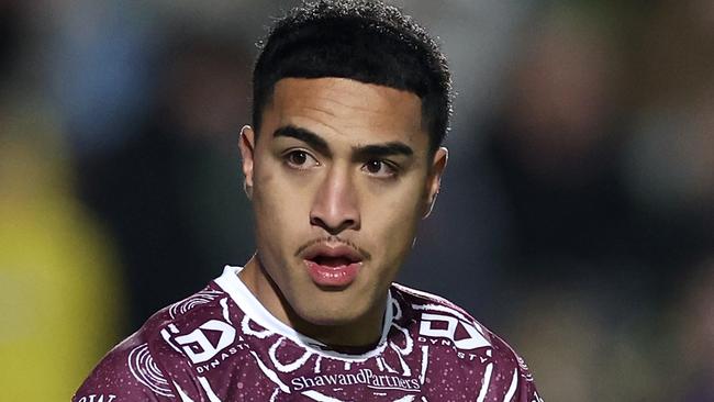 SYDNEY, AUSTRALIA - MAY 24:  Lehi Hopoate of the Sea Eagles warms up before the round 12 NRL match between Manly Sea Eagles and Melbourne Storm at 4 Pines Park on May 24, 2024, in Sydney, Australia. (Photo by Cameron Spencer/Getty Images)