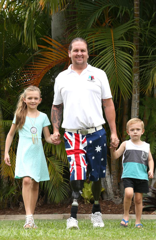 Bali bombing survivor Ben Tullipan in 2016 and children Sheridan and Rory at their home in Upper Coomera, Gold Coast. Photo: Regi Varghese