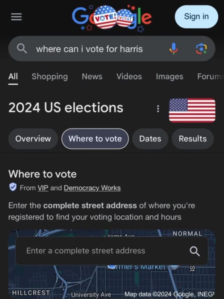 Searches of ‘Where can I vote for Harris’ fielded polling place information. Picture: Google