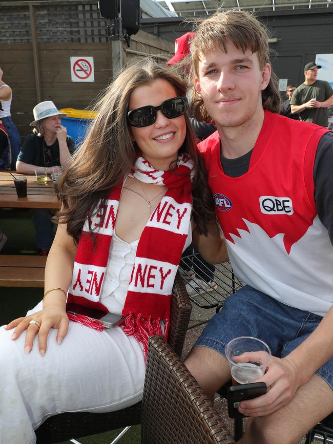 AFL grand final celebrations around Geelong . The Torquay Hotel Torquay left: Charlize Day and Luke Jakstas Picture: Mark Wilson