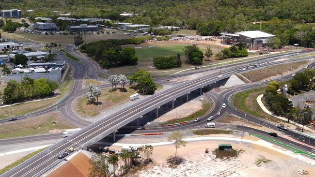 After three years and $164m, the Smithfield Bypass will finally open to traffic on Thursday. An aerial view of the northern end of the bypass, with the flyover and on-ramps and off-ramps near McGregor Road. Picture: Brendan Radke