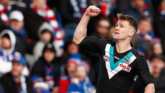 Port Adelaide champion Robbie Gray celebrates a goal against the Western Bulldogs at Ballarat last year. Picture: Adam Trafford/AFL Media/Getty Images