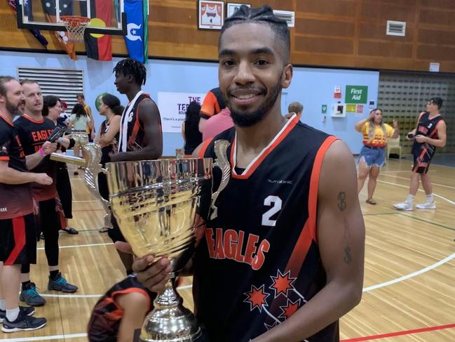 Eagles star Chris Elder celebrates a DBA Championship title after starring in the 2020 final against Tracy Village Picture: Nathaniel Chambers