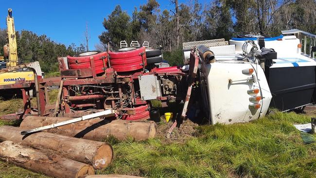 A Greensill Bros truck lost its load across Armidale Road after jackknifing and overturning on April 20, 2022.