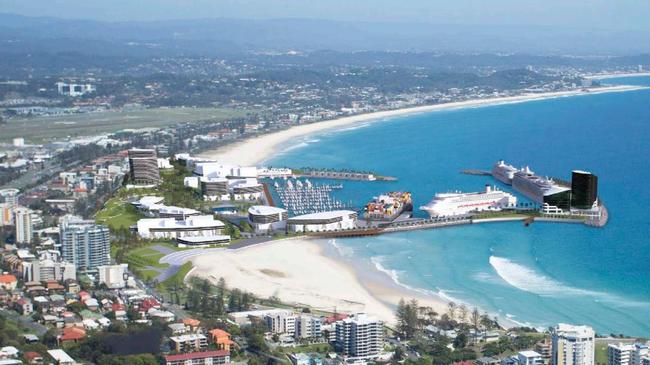 Artist impressions of cruise ship terminal, integrated resort and global tourism hub proposed for Tugun on the Gold Coast.