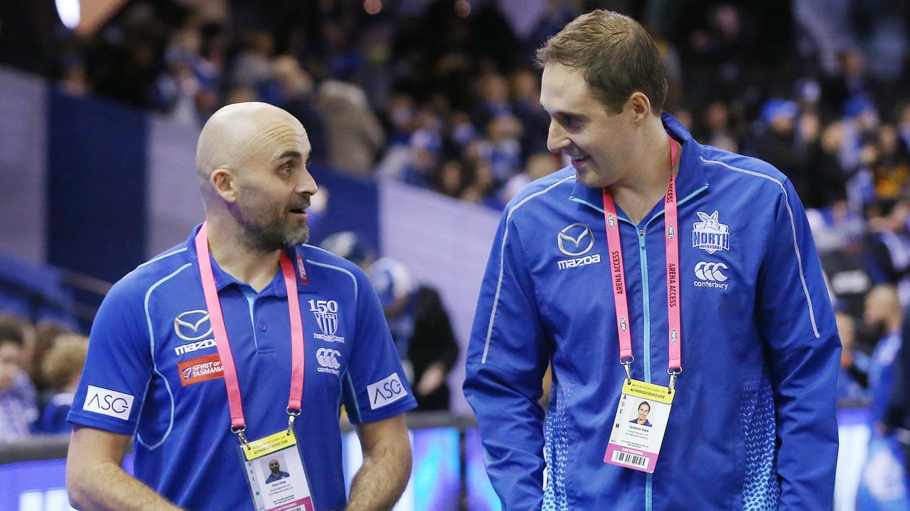 North Melbourne will part ways with footy manager Cameron Joyce (right) at season’s end. Picture: Michael Klein