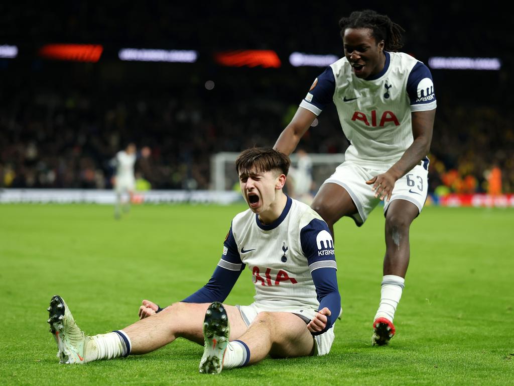 17 year old Mikey Moore scores for Spurs against Elfsborg. Picture: Richard Pelham/Getty Images