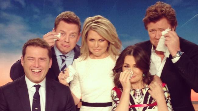 Georgie Gardner (centre) after announcing her departure from the Today Show to Karl Stefanovic (from left), Ben Fordham, Lisa Wilkinson and Richard Wilkins.