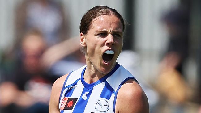 ADELAIDE, AUSTRALIA - OCTOBER 29: Jasmine Garner of the Kangaroos celebrates a goal during the 2023 AFLW Round 09 match between The Adelaide Crows and The North Melbourne Tasmanian Kangaroos at Norwood Oval on October 29, 2023 in Adelaide, Australia. (Photo by James Elsby/AFL Photos via Getty Images)