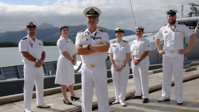 HMAS Cairns personnel L-R Warrant Officer Paul Priddy, Leading Seaman Dominique Taylor, Commander Alfonso Santos, Lieutenant Claire McIntosh, Leading Seaman Breanna Jacobs-Rochford and Lieutenant Commander Richard Currie. Photo: Alison Paterson