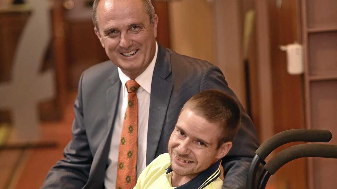 AUSTRALIAN FIRST: Bruce Russell (left) and Josh Lugon are all smiles at the Ability Enterprises celebrations. Picture: Bev Lacey