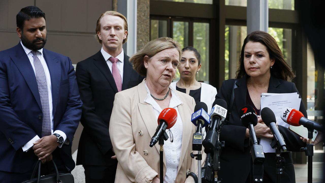 Lead applicant Susan Karpik and Shine Lawyers head of class actions Vicky Antzoulatos speak after the judgment. Picture: NCA NewsWire / Dylan Coker