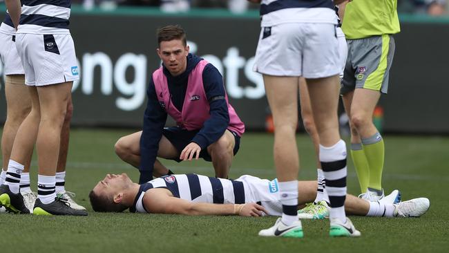 Joel Selwood was knocked out in the opening minute. Picture: Getty