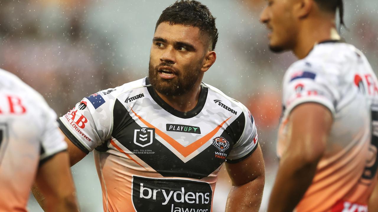 SYDNEY, AUSTRALIA – APRIL 23: Isaiah Papali'i of the Wests Tigers looks dejected after a try during the round eight NRL match between Wests Tigers and Manly Sea Eagles at Campbelltown Stadium on April 23, 2023 in Sydney, Australia. (Photo by Mark Kolbe/Getty Images)