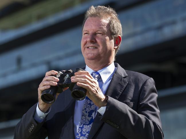 **Embargoed for The Saturday Telegraph. This is for Inside Sydney**. Race caller Darren Flindell in his calling box at Randwick Racecourse, today.Picture: Justin Lloyd.