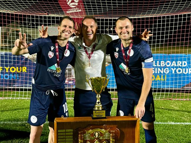 Marlin Coast coach Crios O'Hare, assistant coach Gavin Broomhead and captain Charlie Beverley after claiming the Crad Evans Trophy. Picture: Supplied