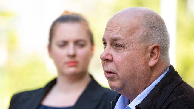 Victorian Treasurer, Tim Pallas, and the Finance Sector Union State Secretary, Nicole McPherson at a press conference on credit card interest rates on Sunday. Picture: NCA NewsWire / Sarah Matray