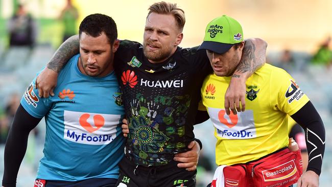 Blake Austin was injured in Canberra’s loss to Cronulla.