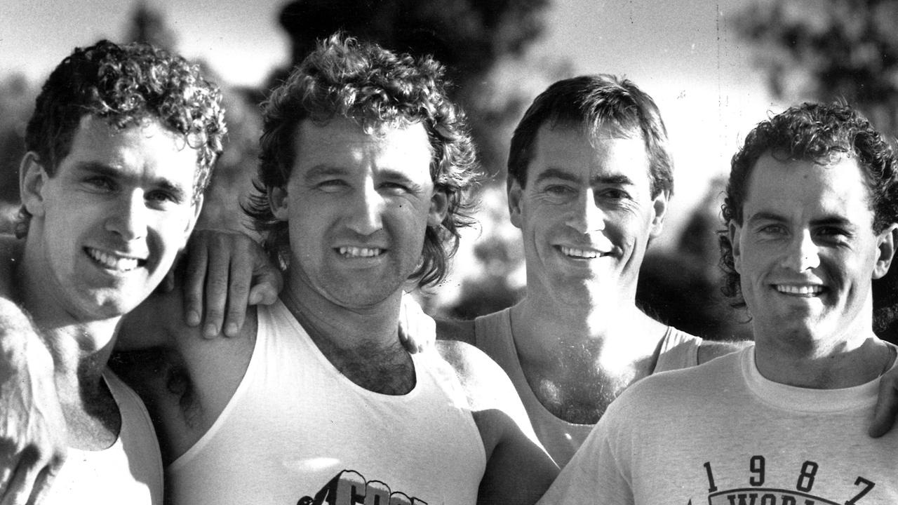 Steve Wallis (left) with other Footscray greats Doug Hawkins, coach Terry Wheeler and Tony McGuinness.