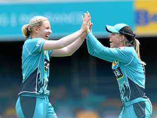 ALL OR NOTHING: Delissa Kimmince (left, pictured celebrating with Kirby Short) is prepared for today's huge WBBL final against the Sydney Sixers. Picture: DARREN ENGLAND