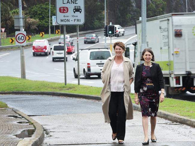 Roads Minister Melinda Pavey and Premier Gladys Berejiklian — pictured on the Mosman side of The Spit — announce plans for the Beaches Link Tunnel in the lead-up to the 2017 North Shore by-election.