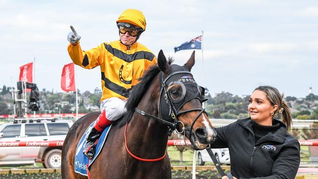 Craig Williams brings Acromantula back to the mounting yard after winning the Carlyon Stakes. Picture: Brett Holburt/Racing Photos via Getty Images