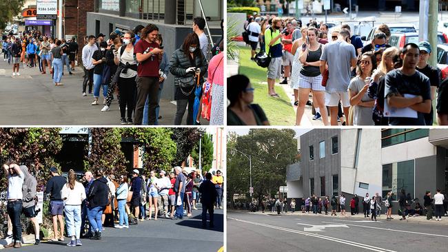 Centrelink queues in, from top left, Sydney, Southport in Queensland, Melbourne and Norwood in South Australia.