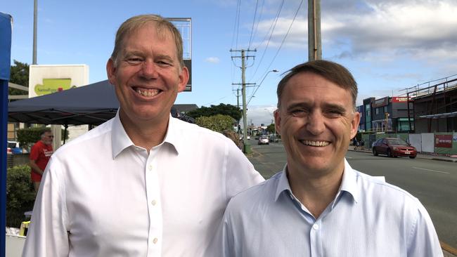 Candidates for Forde sitting MP Bert van Manen and Labor’s Des Hardman outside pre-polling this morning. PHOTO: JUDITH KERR 