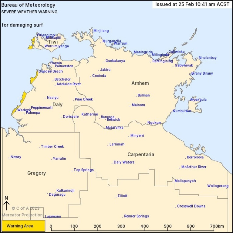 The Bureau of Meteorology is urging people to stay well away from the surf and surf exposed areas highlighted on the map, with damaging waves of up to 3.5m metres expected from Sunday morning. Map: BOM