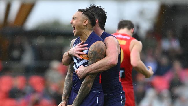 GOLD COAST, AUSTRALIA - MAY 31: Shai Bolton of the Dockers celebrates kicking a goal during the round 12 AFL match between Gold Coast Suns and Fremantle Dockers at People First Stadium, on May 31, 2025, in Gold Coast, Australia. (Photo by Matt Roberts/AFL Photos/via Getty Images)