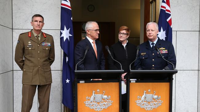 Current Chief of Army Lieutenant General Angus Campbell is announced by PM Malcolm Turnbull as the next Chief of the Defence Force with Defence Minister Marise Payne and current Chief of the Defence Force Air Chief Marshal Mark Binskin at a press conference, Parliament House in Canberra. Picture Kym Smith