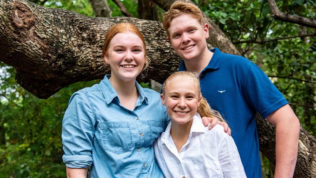 Gabbie, left, Chloe and Josh Elbourne may be stuck in Brisbane for the school holidays, rather than having to quarantine if they go home to Moree, NSW.