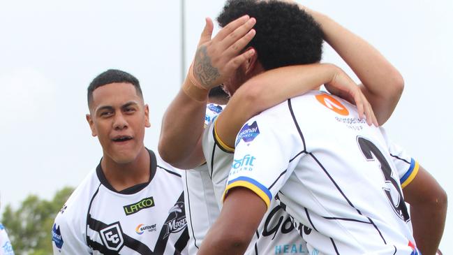 Mace Andrew and teammates. Connell Cup under-17s action between the Souths Logan Magpies and Burleigh Bears. Saturday February 10, 2024.