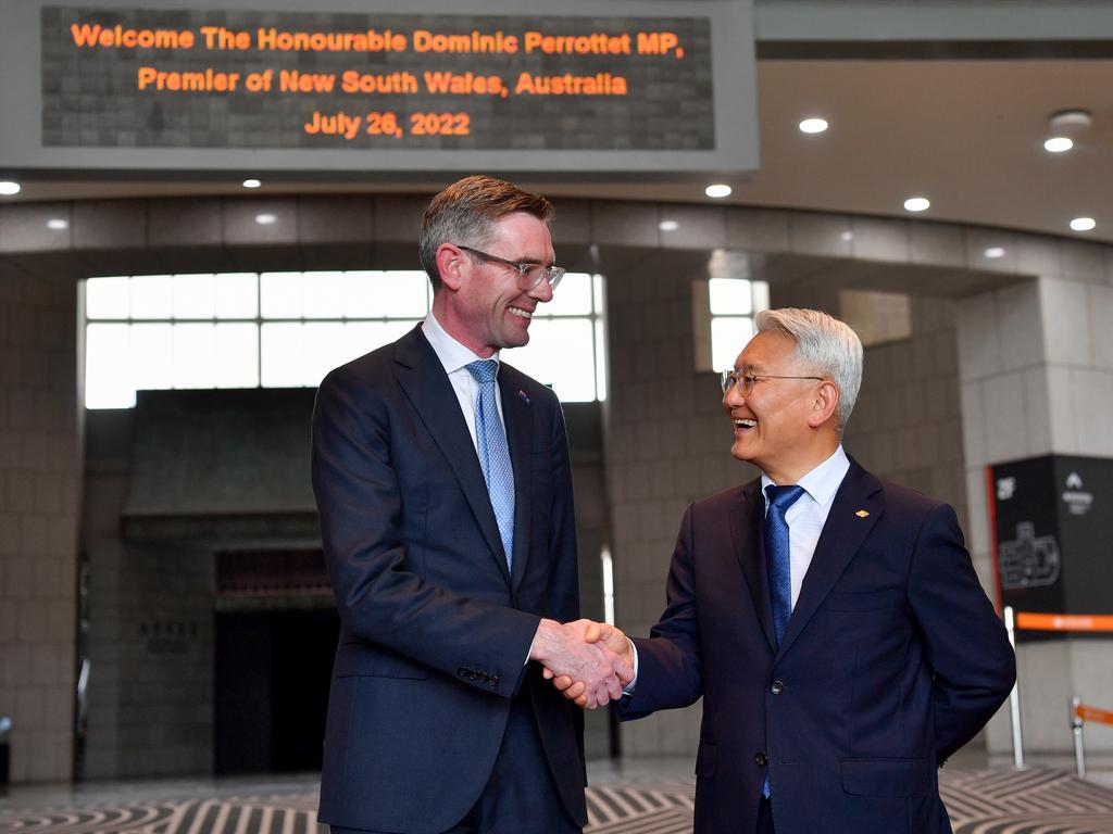 NSW Premier Dominic Perrottet in South Korea with Yongsan War Memorial President Lee Sang-Chul. Picture: Bianca De Marchi