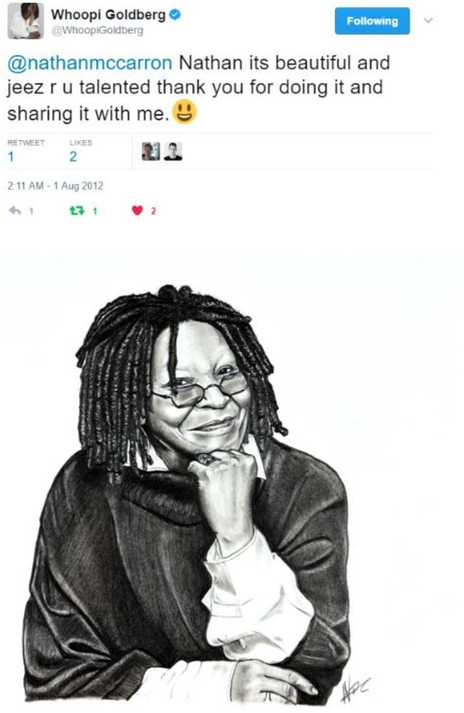 He even got a tweet from Whoopi Goldberg thanking him for her portrait. Picture: TikTok/nathanmccarron0