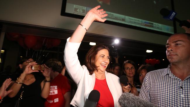 Annastacia Palaszczuk greets supporters after winning the 2015 state election. Picture: Adam Head