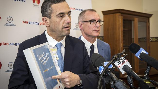 Energy Minister Tom Koutsantonis and Premier Jay Weatherill speak to the media about the final report from the AEMO. Picture: Mike Burton