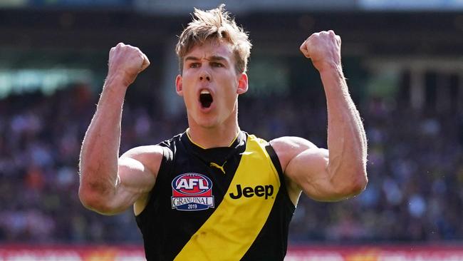 Tom Lynch celebrates a goal in the Grand Final against GWS. Picture: AAP