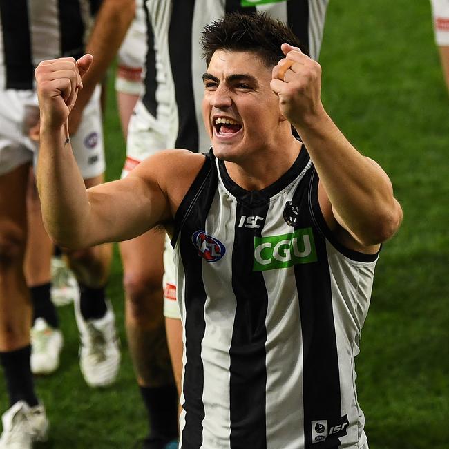 Brayden Maynard a happy man after the Magpies defeated West Coast in the elimination final. Picture: Daniel Carson